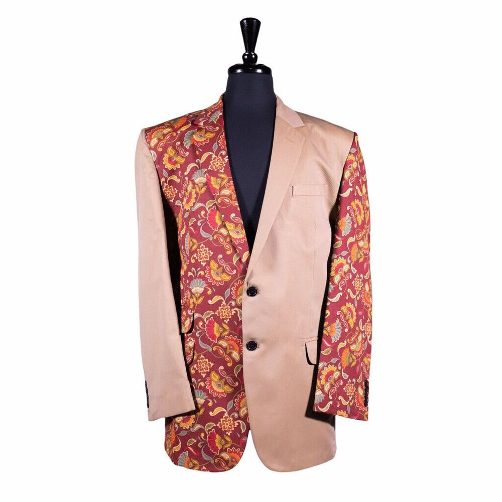Mens Blazer Floral Contrast Beige Red Formal Party Jacket Wedding Sport Coat 44R